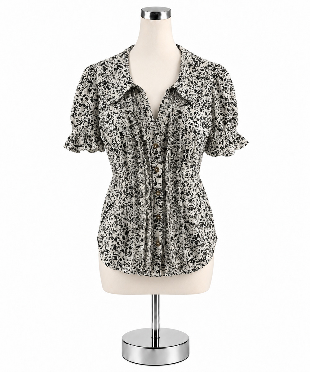 Pilcro Ruffled Floral Peplum Blouse Cream Black Print Cotton Top Size Small